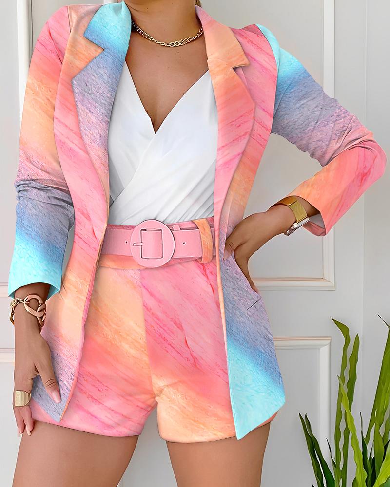 

Tie Dye Print Ombre Blazer Coat & Shorts Set With Belt, Multicolor