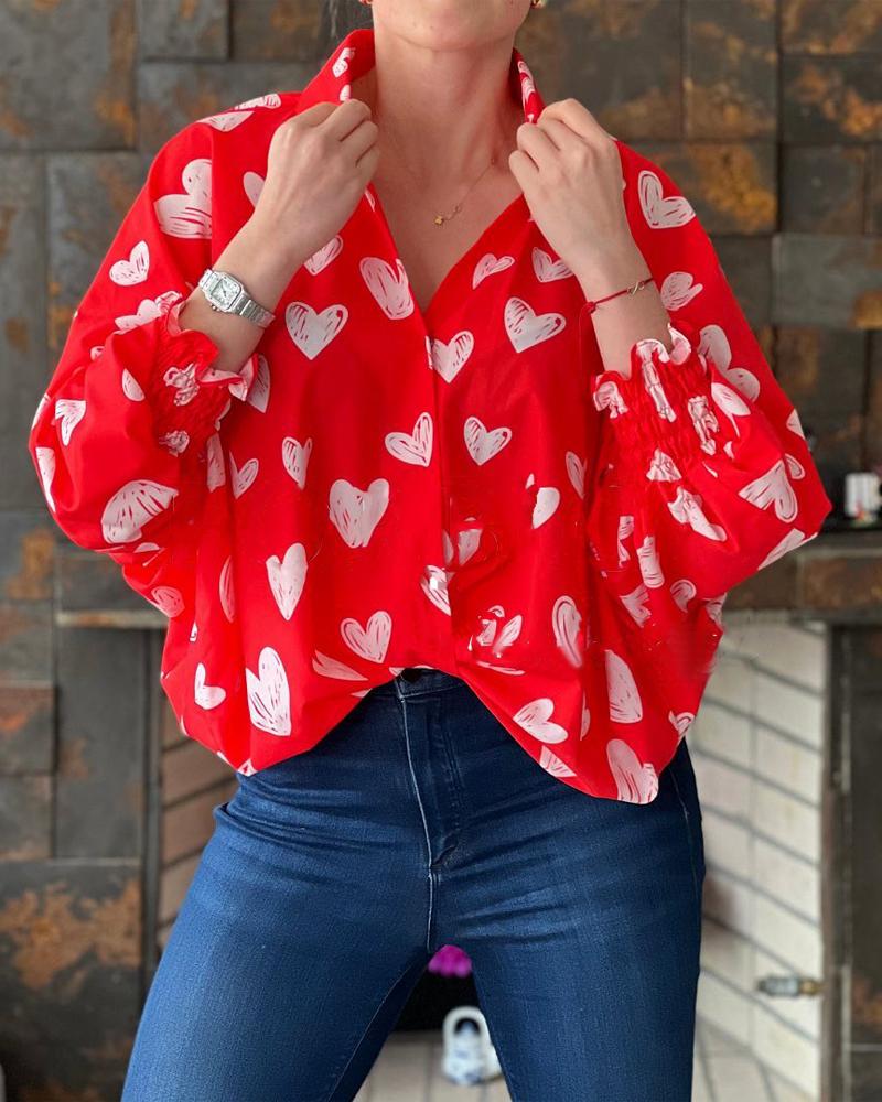 

Valentine' Day Heart Print Long Sleeve Shirt, Red
