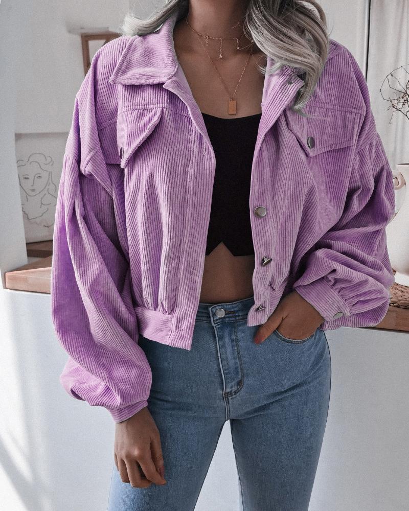 

Long Sleeve Flap Detail Button Front Corduroy Coat, Purple