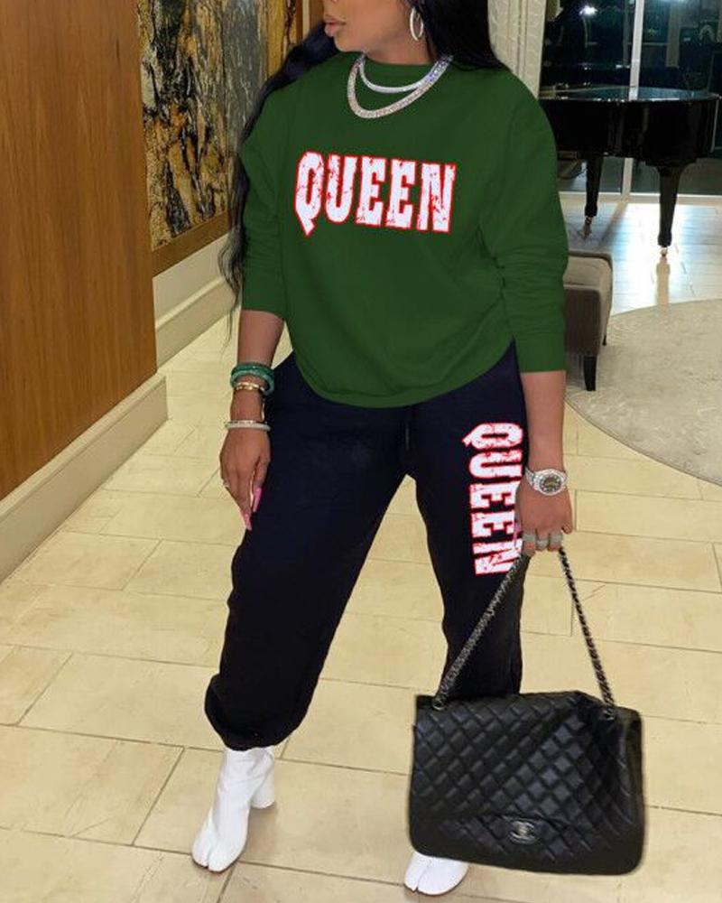 

Plus Size Letter Print Long Sleeve Top & Pants Set, Green