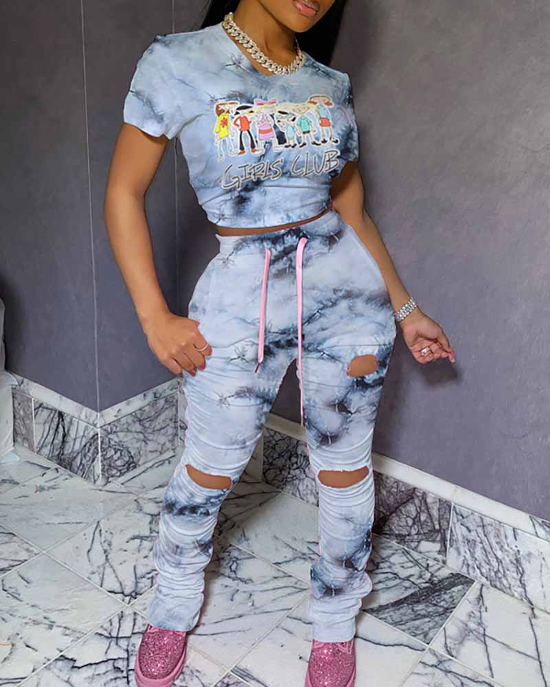 

Tie Dye Print Top & Cutout Pants Set, Gray