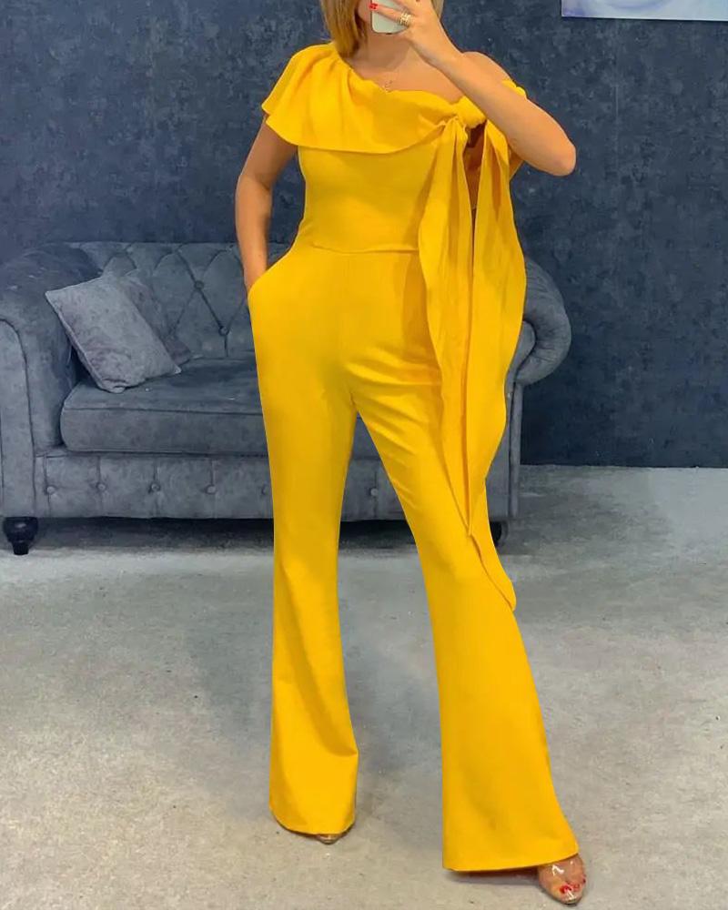 

One Shoulder Tied Detail Bootcut Jumpsuit, Yellow