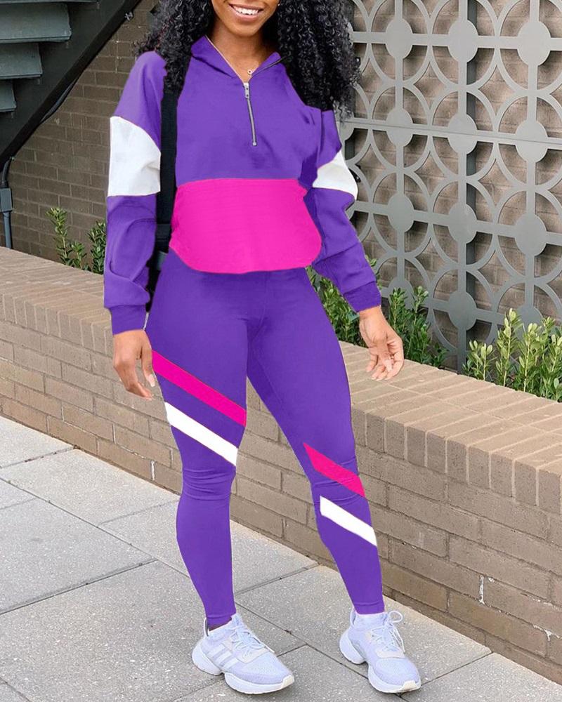 

Colorblock Zipper Detail Casual Top & Pants Set, Purple