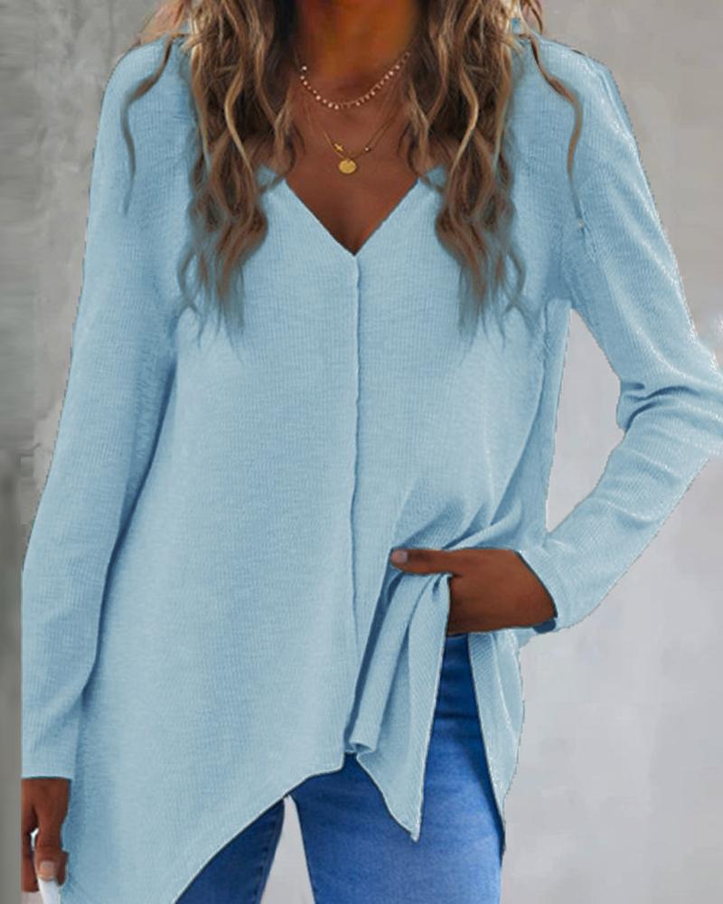 

Plus Size Long Sleeve V-Neck Knit Top, Blue