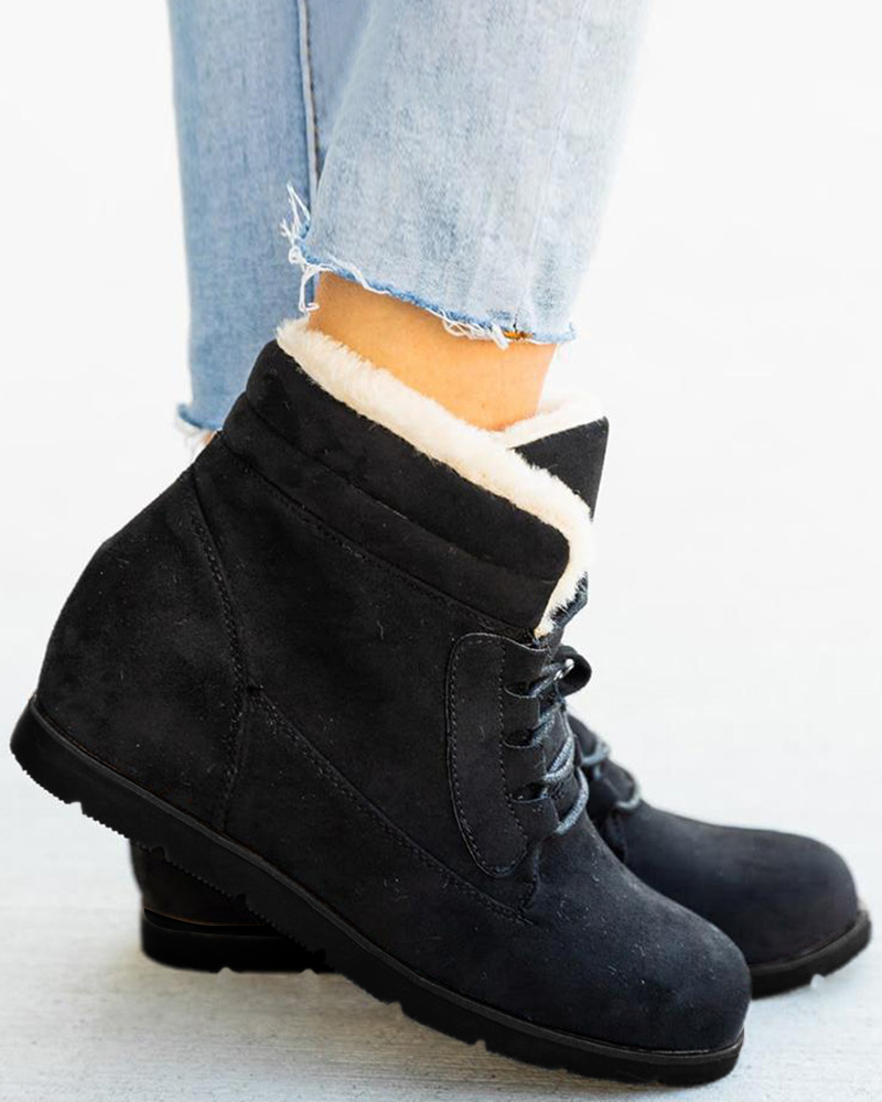 

Lace-up Lined Hidden Wedge Snow Boots, Black