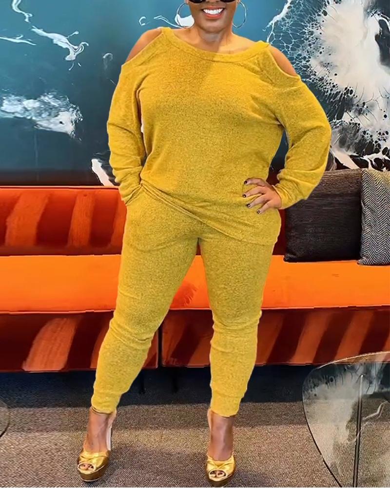 

Conjunto de sudadera con hombros descubiertos y pantalones deportivos con puños y diseño de bolsillo de talla grande, Dark yellow