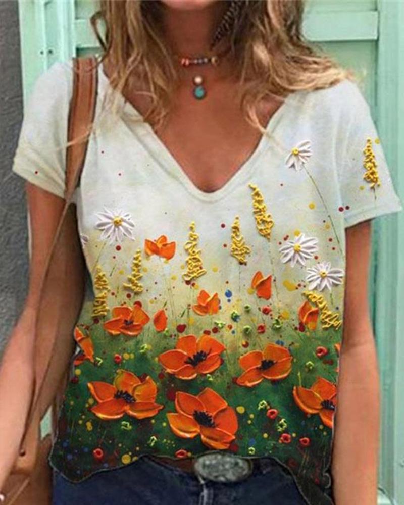 

Floral Print Short Sleeve V Neck Casual T-Shirt, Style4