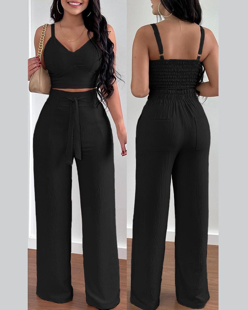 

Shirred Crop Top & Pocket Design Wide Leg Pants Set, Black