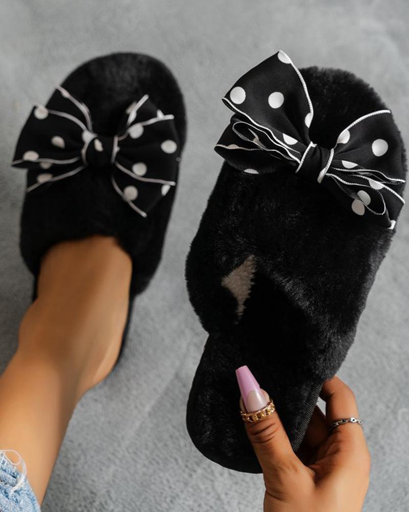 

Polka Dot Bowknot Design Fuzzy Slippers, Black