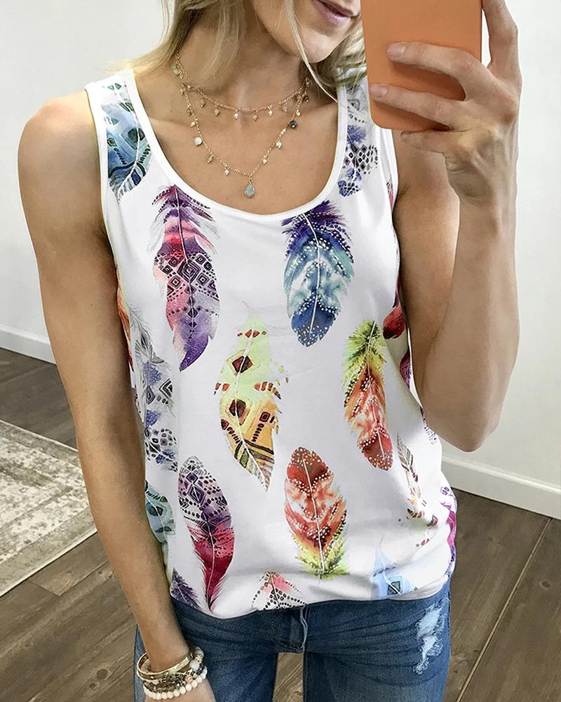 

Multicolor Feather Print Sleeveless Loose Tanks, Style2