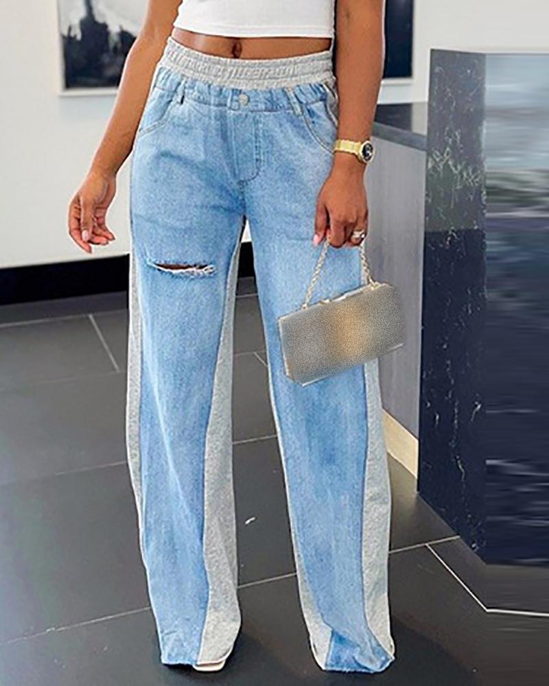 

Colorblock Cutout Ripped Pocket Design Jeans, Blue