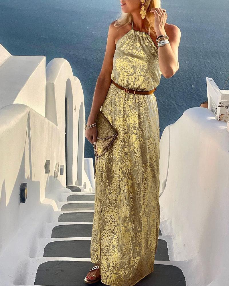 

Metallic Design Sleeveless Halter Maxi Dress, Yellow
