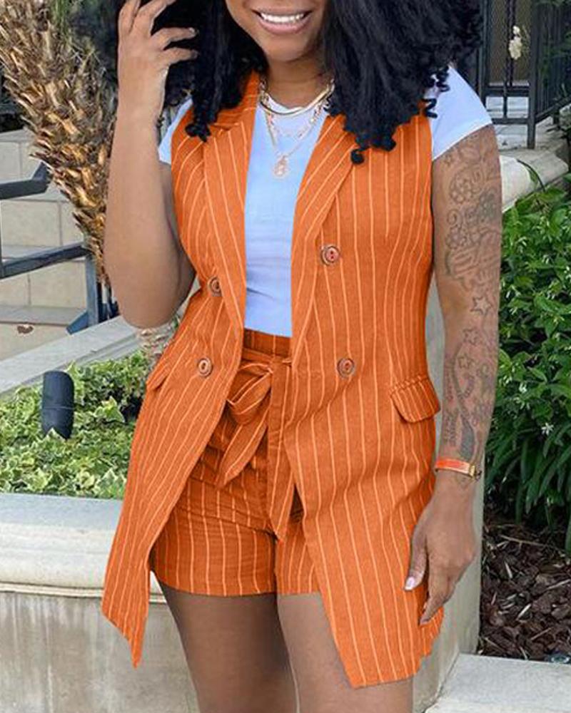 

Plus Size Striped Print Double Breasted Vest Blazer & Shorts Set, Orange
