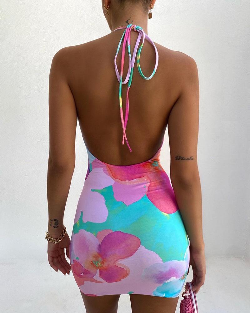

Floral Print Halter Backless Bodycon Dress, Multicolor