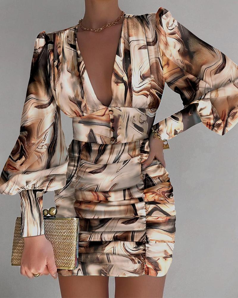 

Marble Print Puff Lantern Sleeve Ruched Bodycon Dress, Khaki