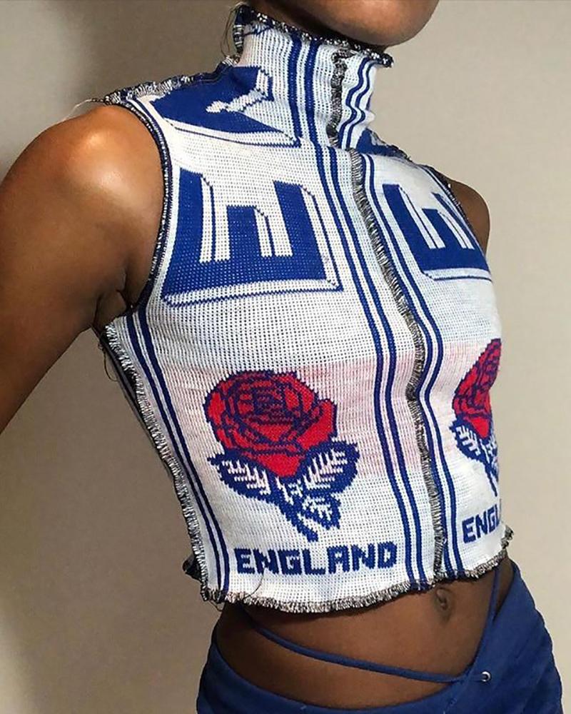 

Floral Letter Print High Neck Knit Crop Top, Blue