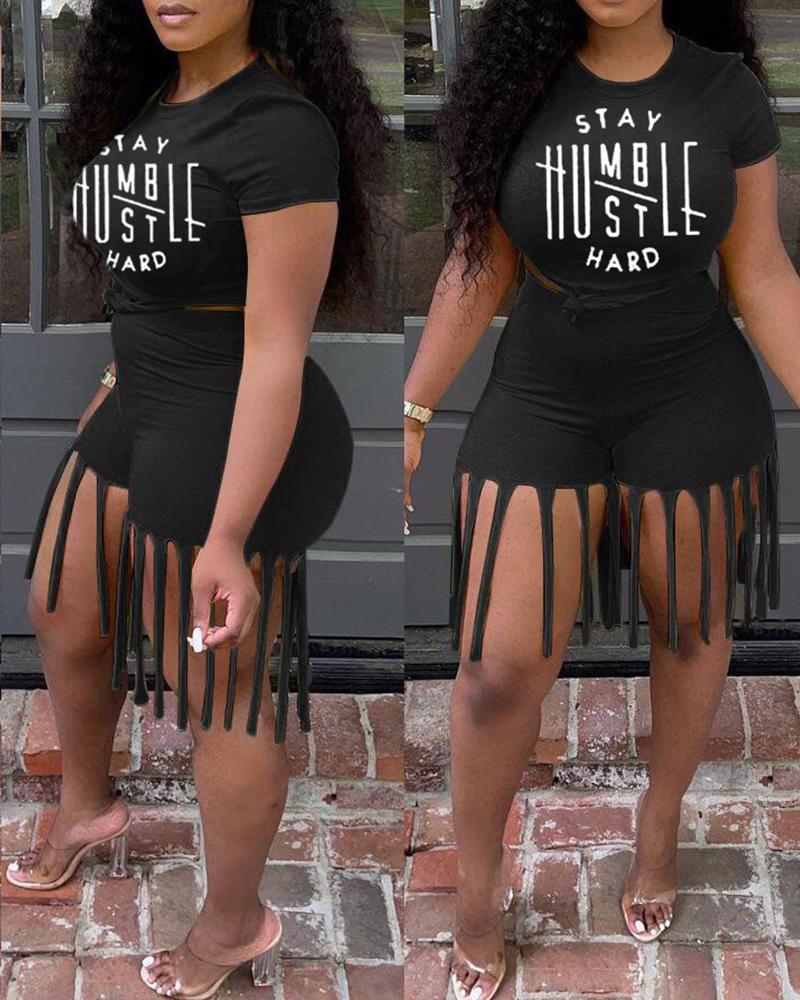 

Letter Print Crop O Neck Fringe Top & Shorts Sets, Black