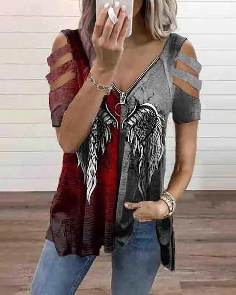 

Floral Graphic Print Short Sleeve Zipper Design Top, Red