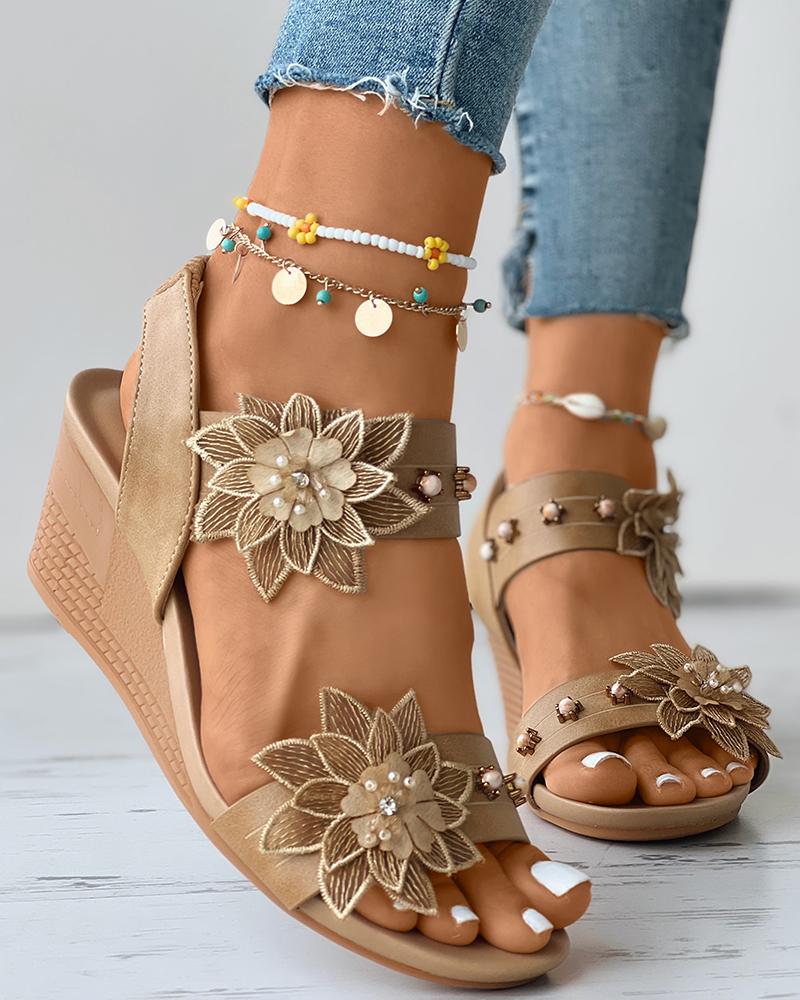 

Floral Pattern Slingback Wedge Sandals, Brown