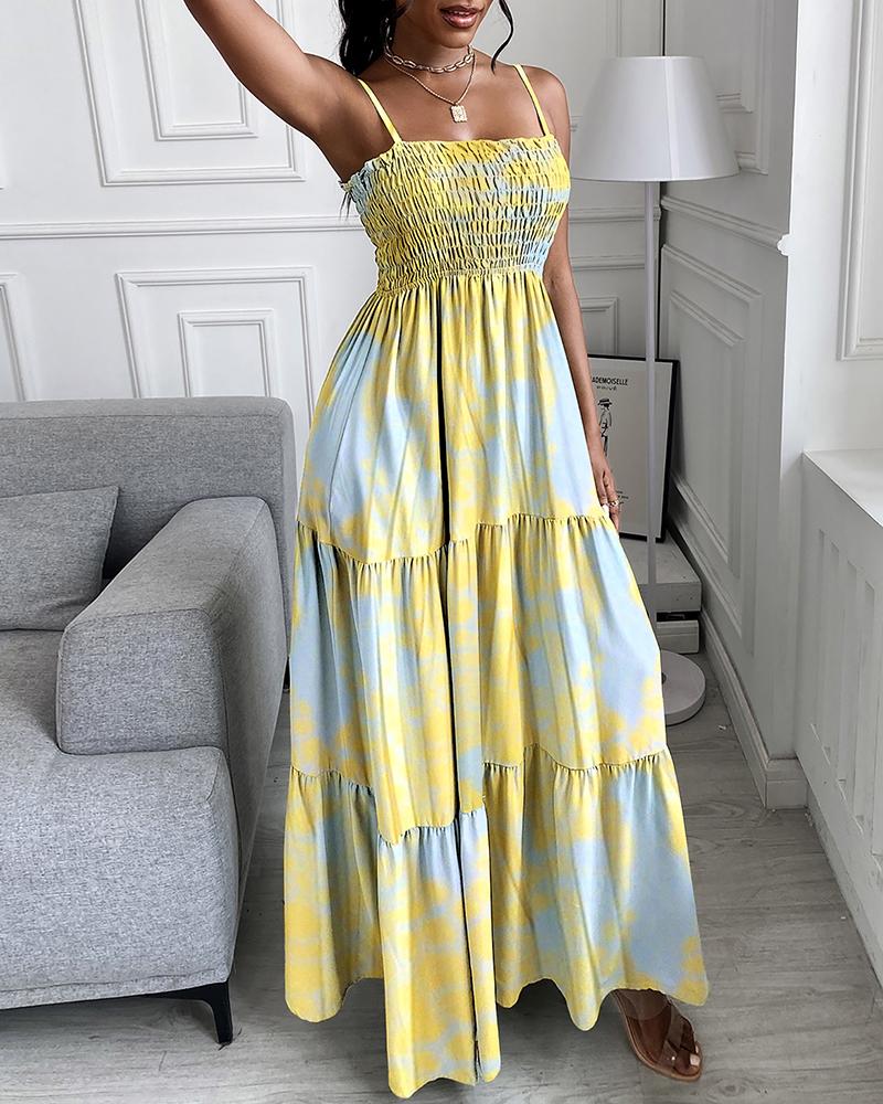 

Tie Dye Print Shirred Spaghetti Strap Maxi Dress, Yellow