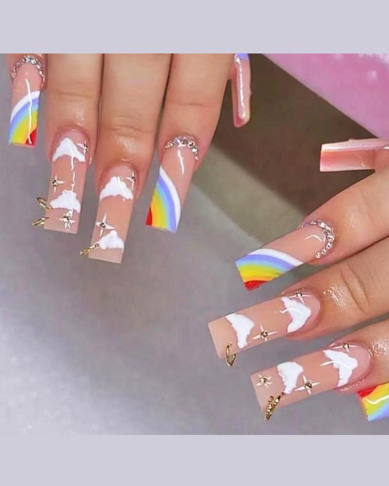 

24pcs Colorful Long Nails Rainbow Press on Nails Coffin Fake Nails Glossy Full Cover Nails, Pink