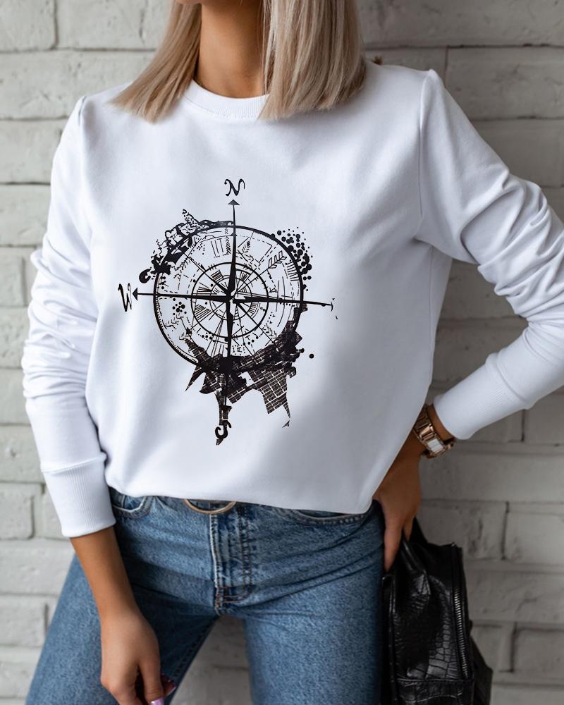 

Graphic Print Long Sleeve O Neck Casual Sweatshirt, White