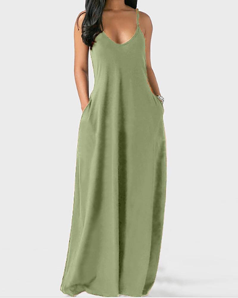 

Plus Size Pocket Design V-Neck Spaghetti Strap Maxi Dress, Green