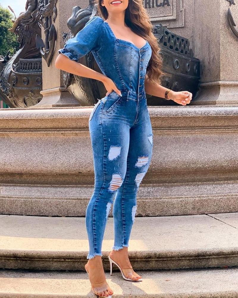

Ripped Puff Sleeve Poccket Design Denim Jumpsuit, Blue
