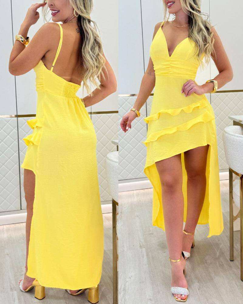 

Plunge V Neck Spaghetti Strap Ruffles Dress Irregular A Line Flowy Midi Dress, Yellow