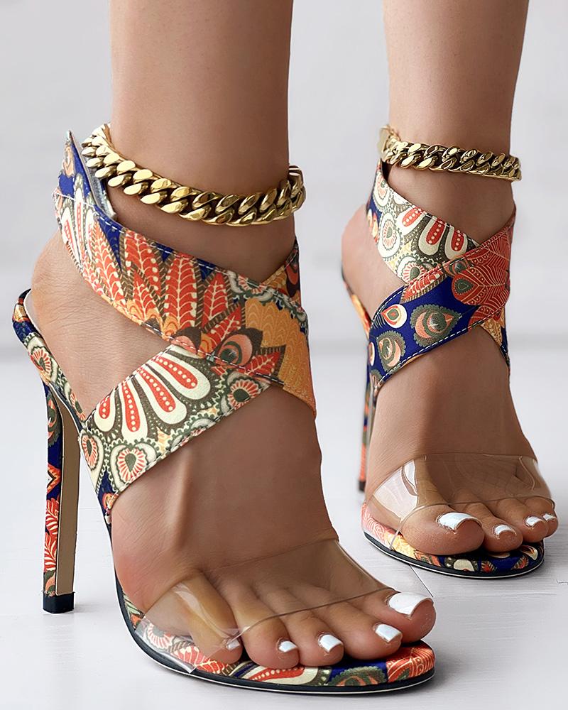 

Ethnic Transparent Crisscross Thin Heeled Sandals, Orange