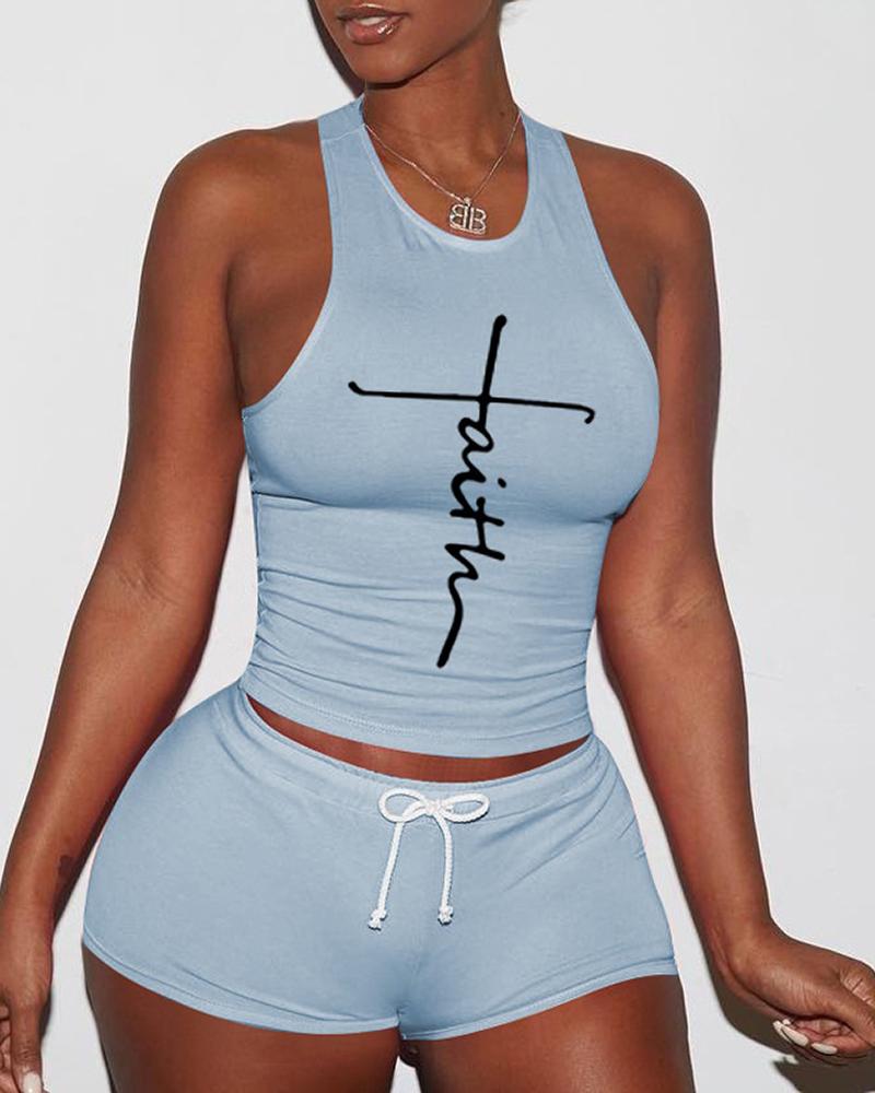 

Letter Print Tank Top & Drawstring Shorts Set, Lighted blue