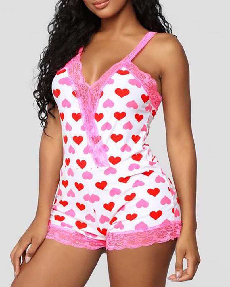 

Heart Print Lace Trim Skinny Romper, Red