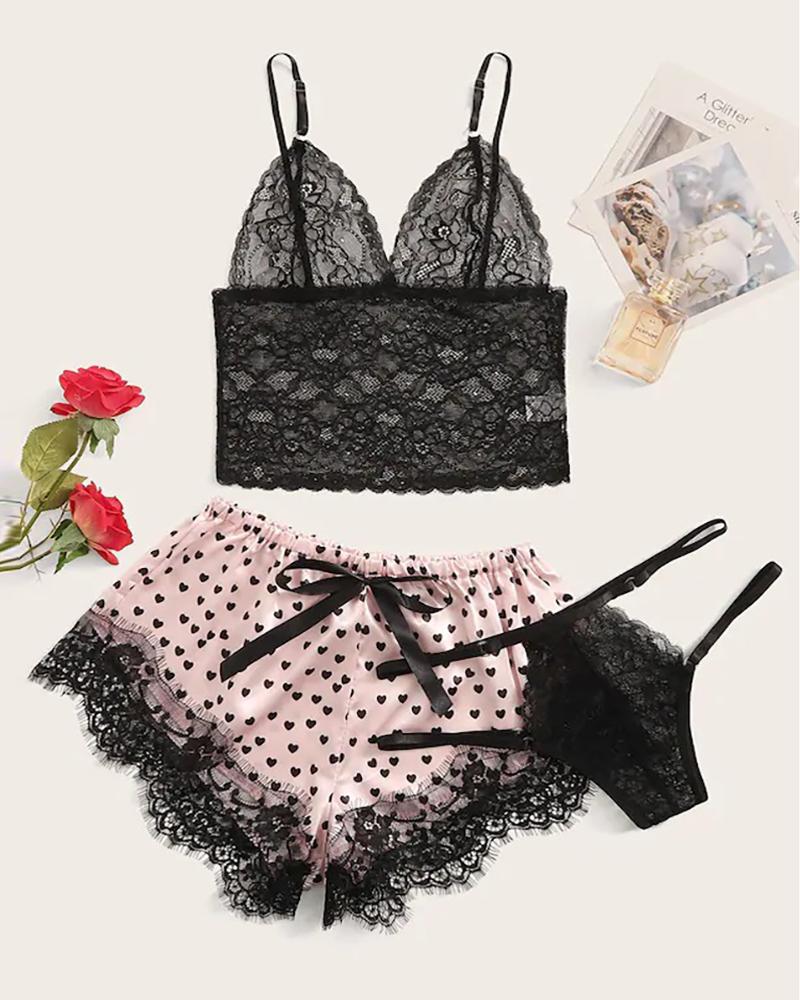 

Eyelash Lace Heart Print Satin Cami Set With Panty, Pink