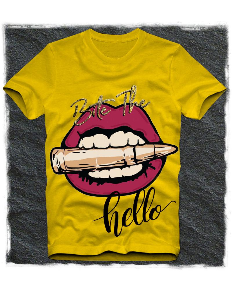 

Lip Cartoon Print Short Sleeve Loose T-shirts, Yellow