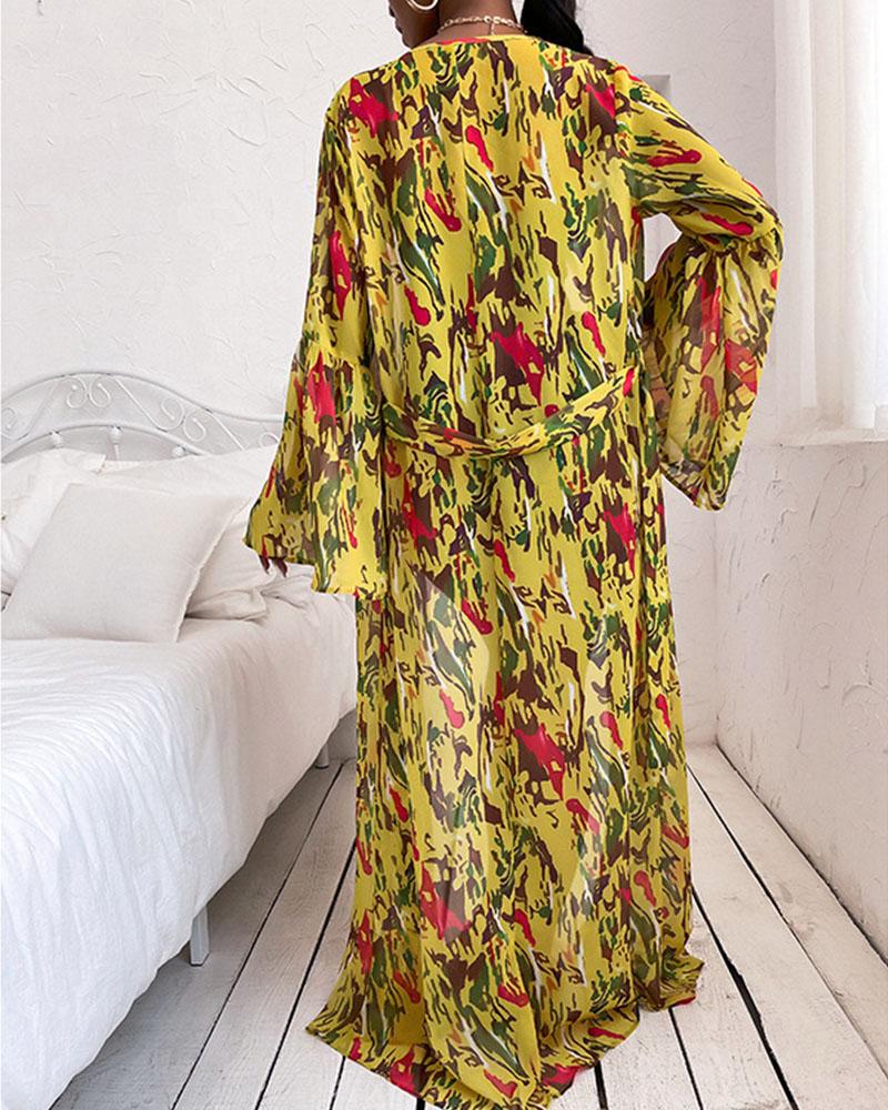 

Floral Print Long Sleeve Lace-up Cover-up Overshirts Coats, Yellow