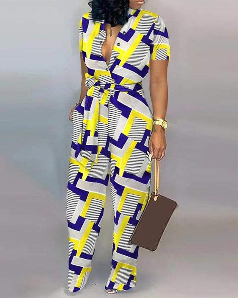 

Geometric Print Tied Detail Wide Leg Jumpsuit, Yellow