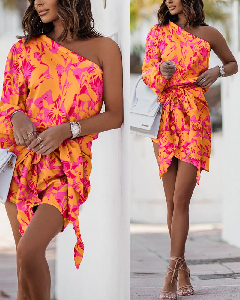 

Plants Print One Shoulder Tied Detail Casual Dress, Orange