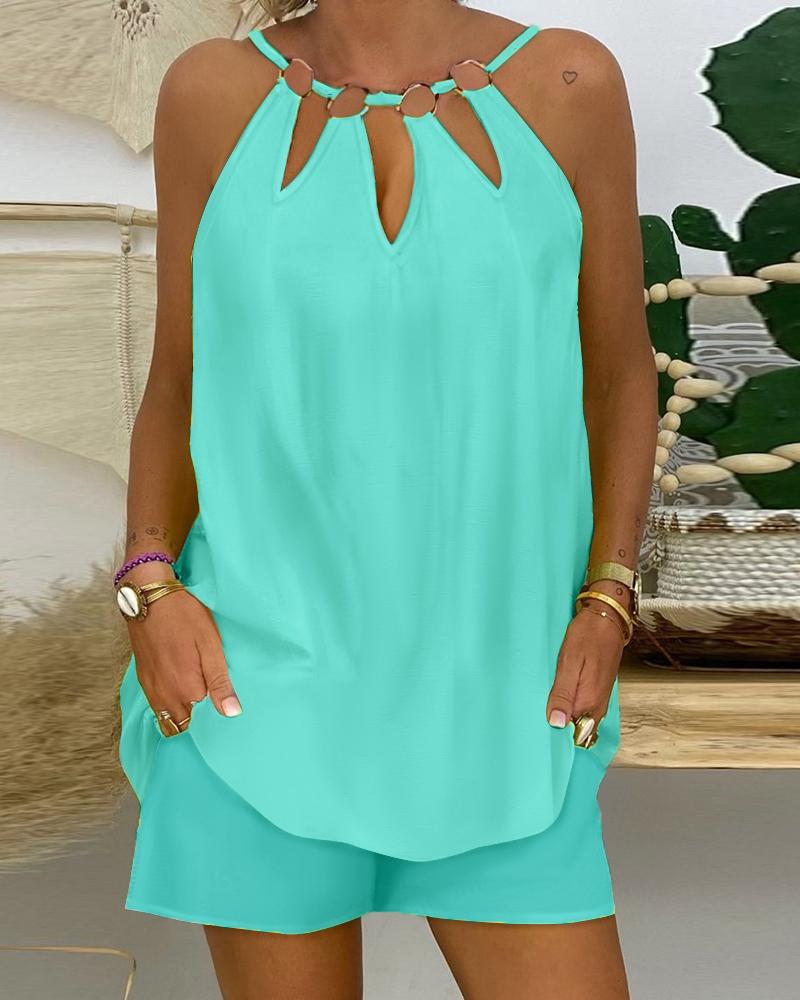 

O-Ring Decor Sleeveless Top & Shorts Set, Green