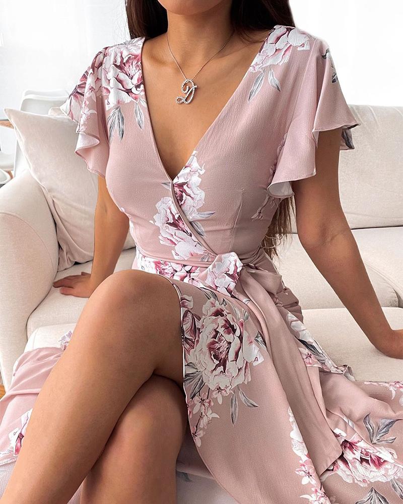 

Layered Ruffles Flutter Sleeve Floral Print Dress, Pink