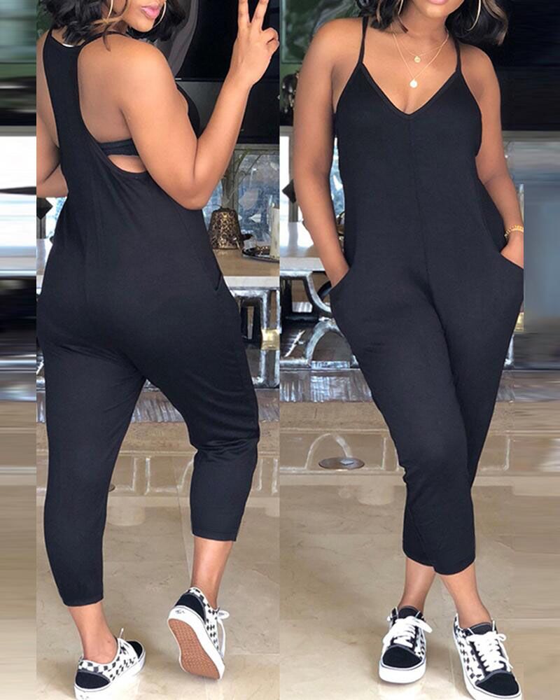 

Pocket Design Spaghetti Strap Jumpsuit, Black