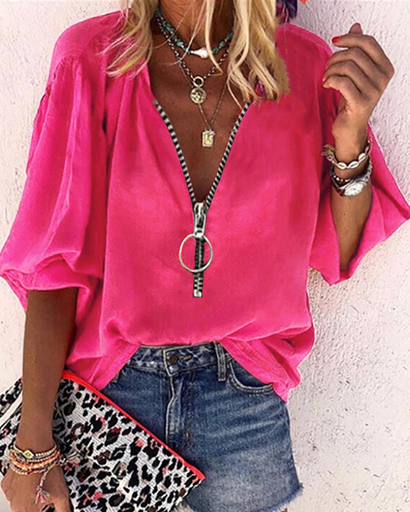 

Lantern Sleeve Zipper Design Casual Top, Hot pink