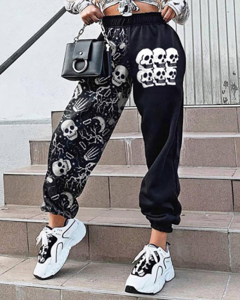 

Halloween Skull Hands Print High Waist Pants, Black