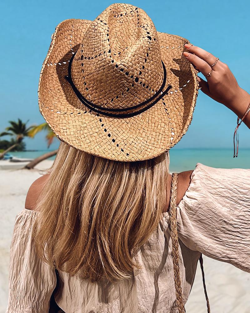 

Hollow Out Folding Straw Hat, Khaki