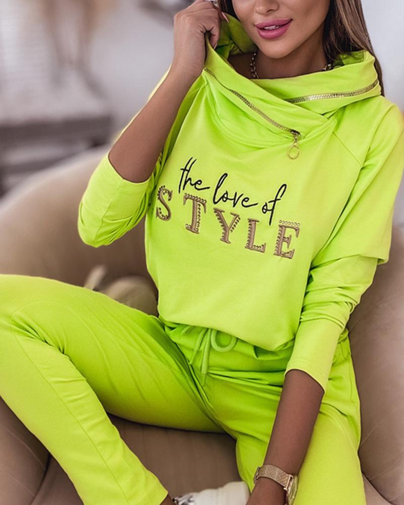

Slogan Print Zipper Design Hooded Top & Pants Set, Lvs green
