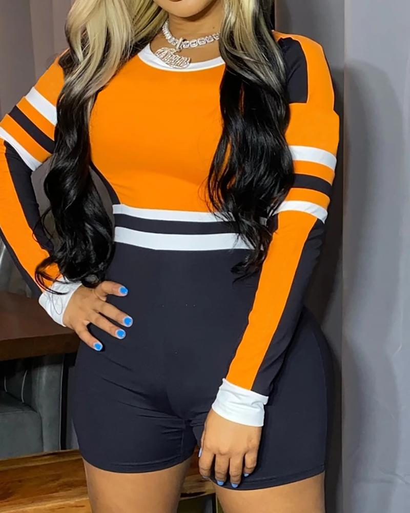 

Colorblock Long Sleeve Zipper Design Back Romper, Orange