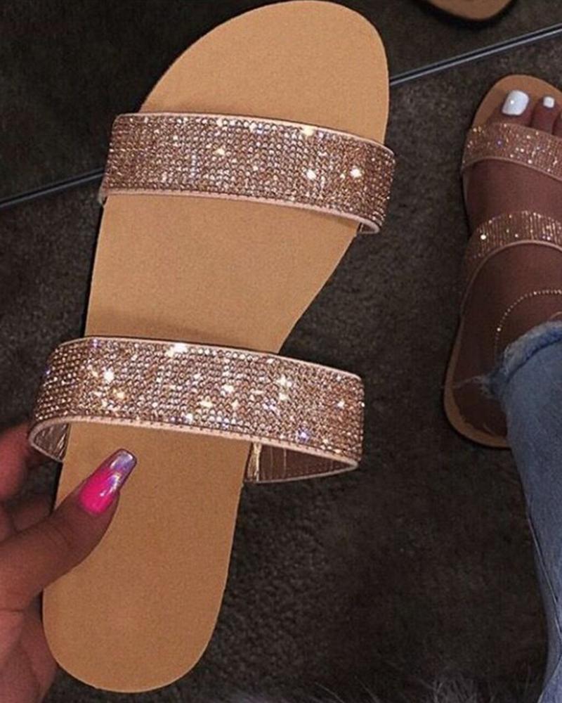 

Rhinestone Decor Double Band Slippers, Pink