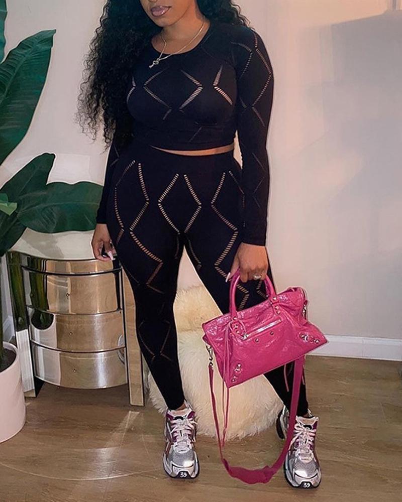 

Hollow Out Long Sleeve Crop Top & Skinny Pants Set, Black