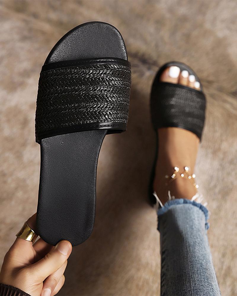 

Round-toe Solid Color Weave Strap Flat Slippers, Black