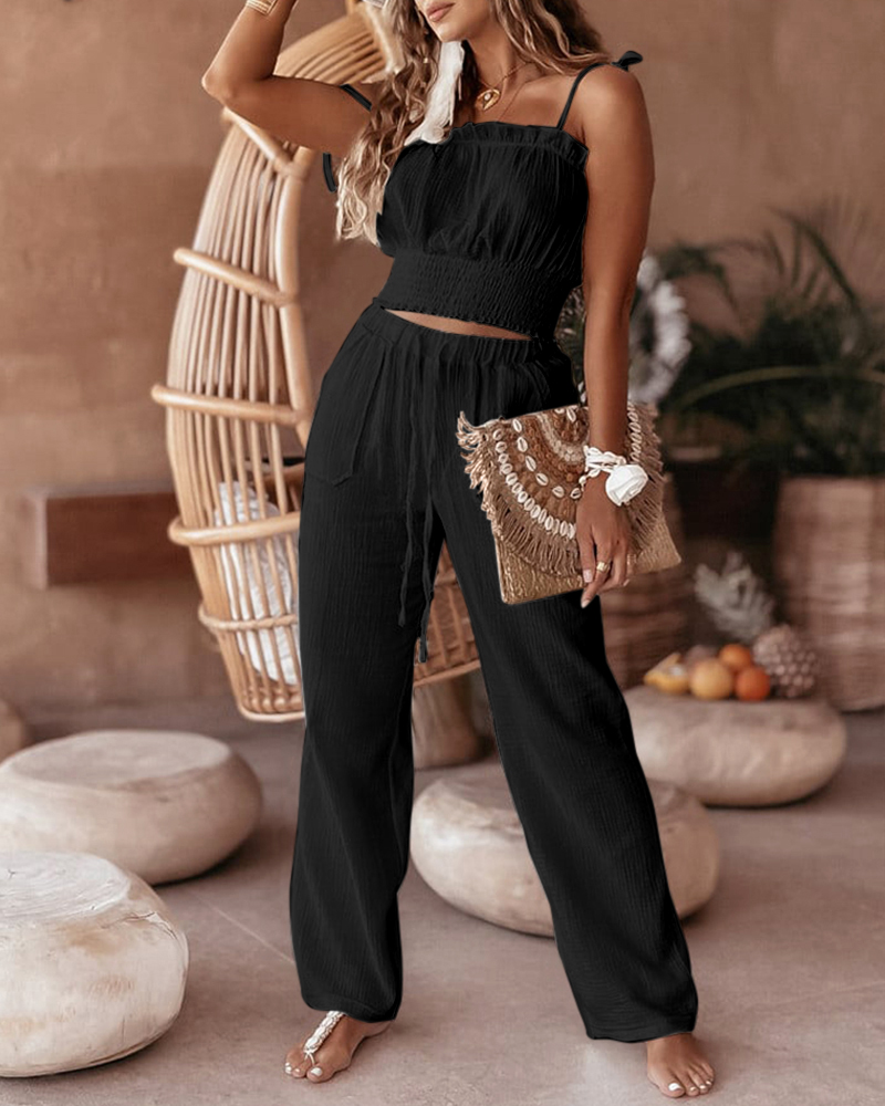 

Frill Hem Shirred Cami Top & Drawstring Pants Set, Black