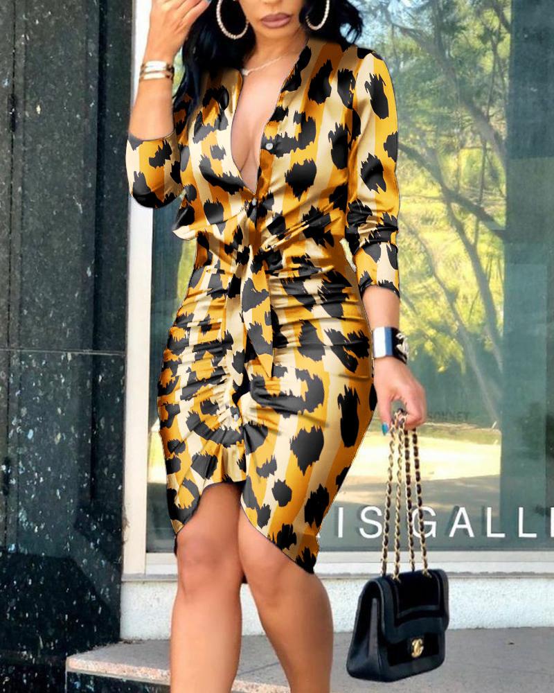 

Striped Leopard Pattern Knot Front Ruched Button Shirt Dress
